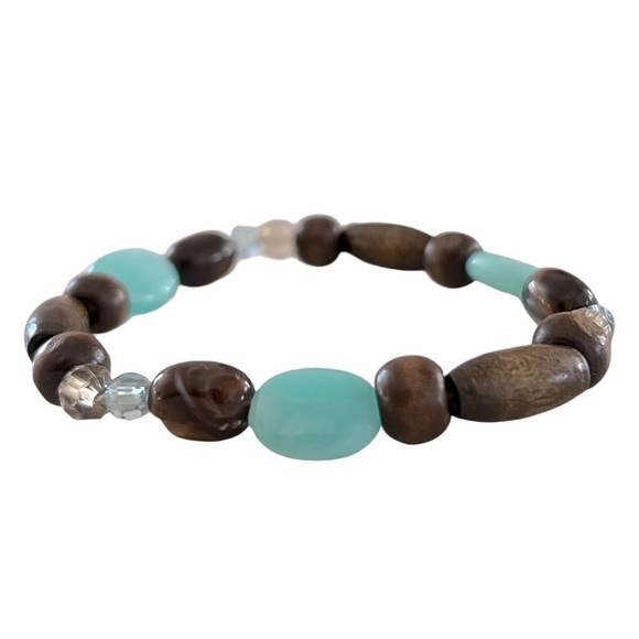Turquoise Stone and Brown Wooden Beaded Stretch Bracelet - Picture 3 of 5